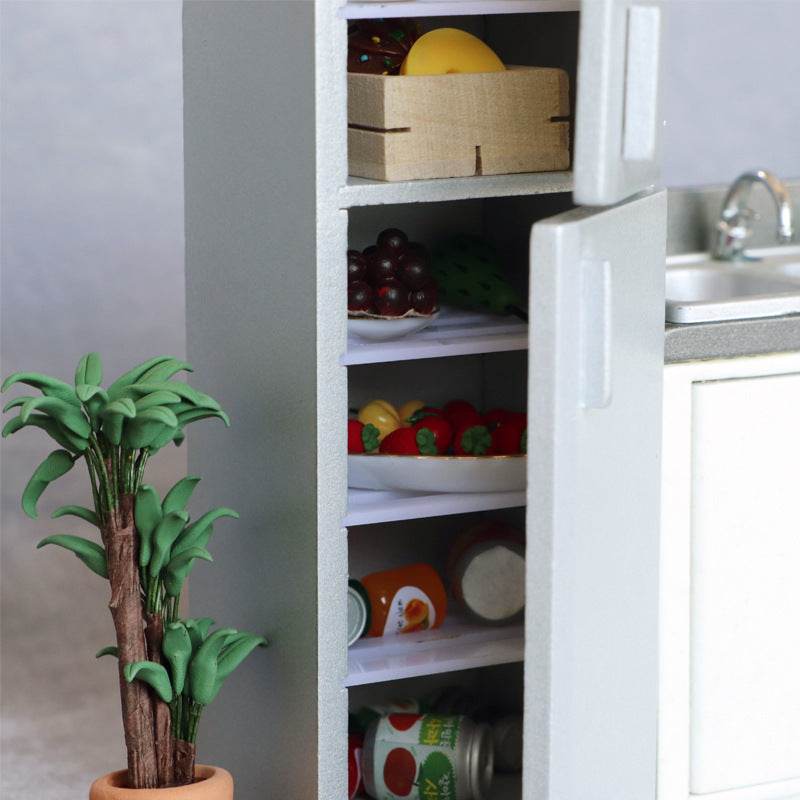 Mini Furniture Model Micro Scene Kitchen Wooden Distressed Refrigerator Double Door - Mubimart