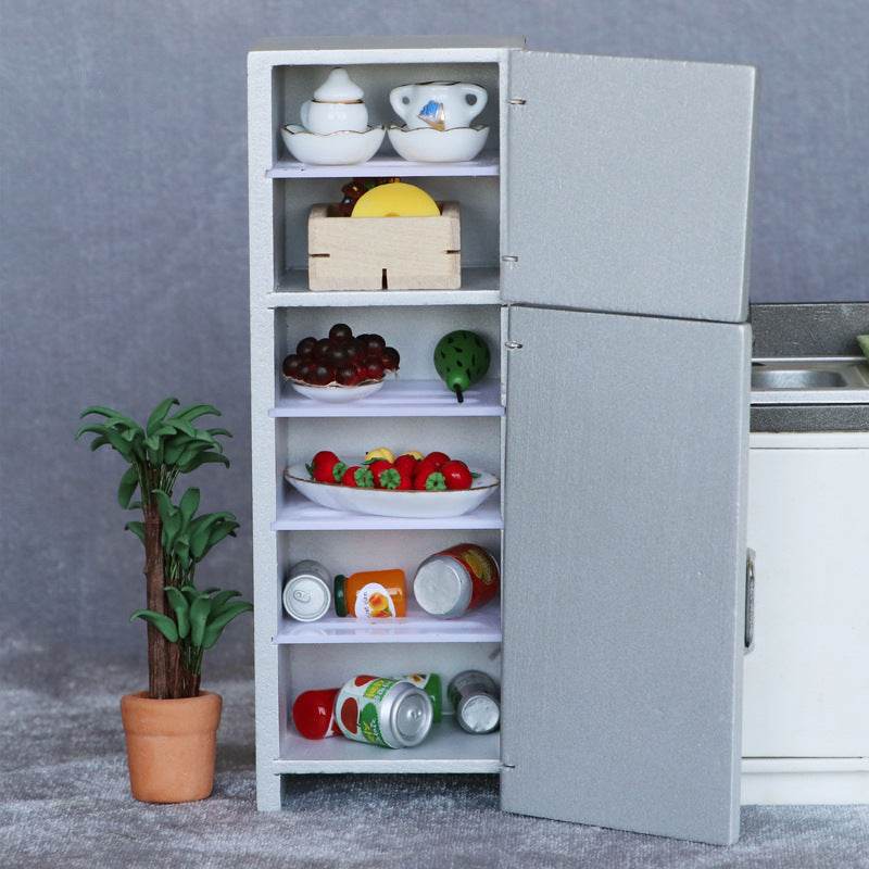 Mini Furniture Model Micro Scene Kitchen Wooden Distressed Refrigerator Double Door - Mubimart