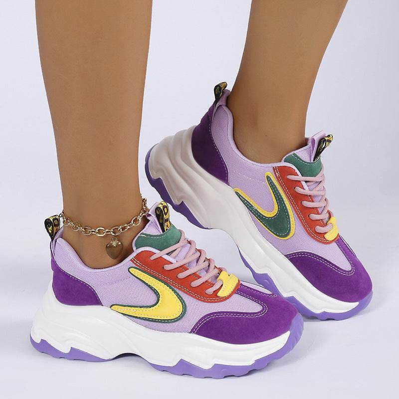 Mixed-color Lace -up Sneakers For Women Fashion Casual Lightweight Thick Bottom Running Sports Shoes - Mubimart
