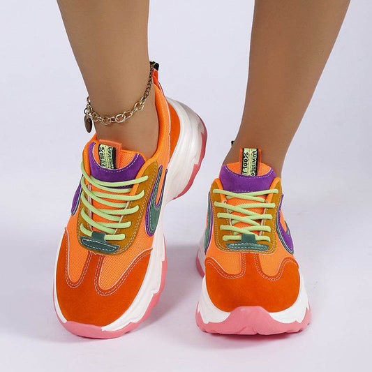 Mixed-color Lace -up Sneakers For Women Fashion Casual Lightweight Thick Bottom Running Sports Shoes - Mubimart