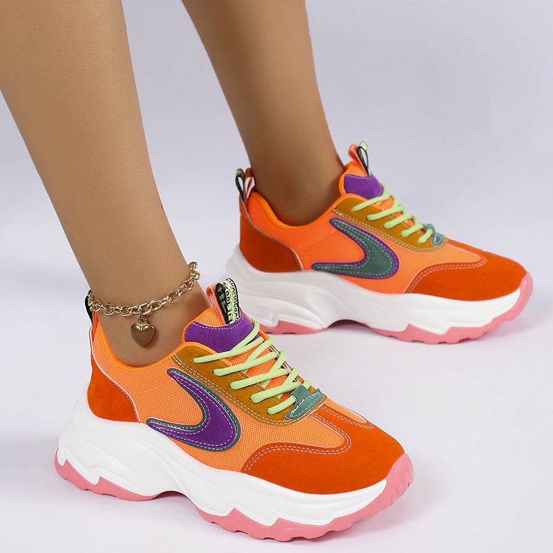 Mixed-color Lace -up Sneakers For Women Fashion Casual Lightweight Thick Bottom Running Sports Shoes - Mubimart