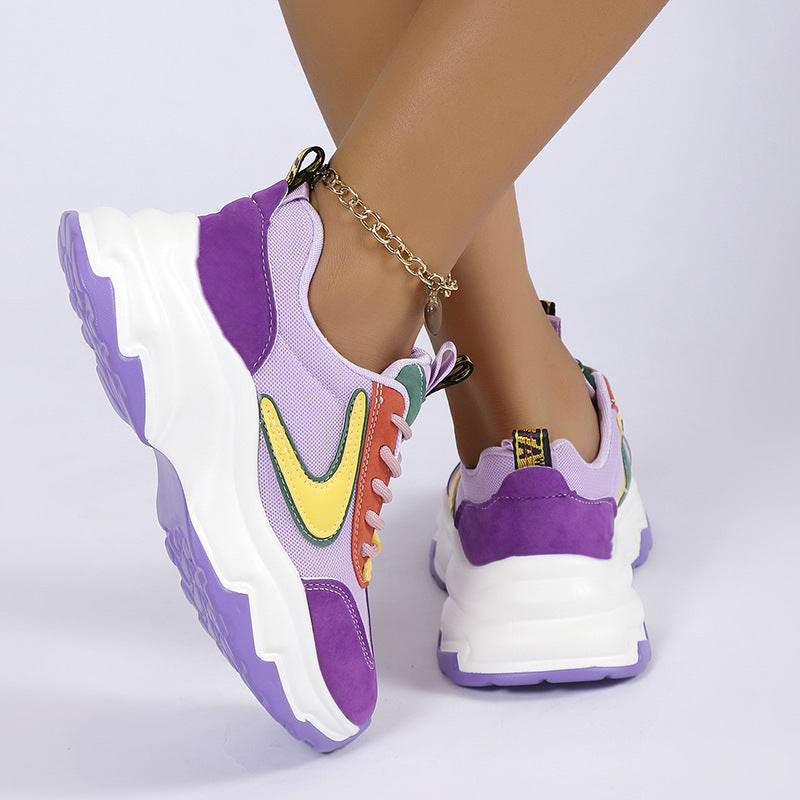 Mixed-color Lace -up Sneakers For Women Fashion Casual Lightweight Thick Bottom Running Sports Shoes - Mubimart