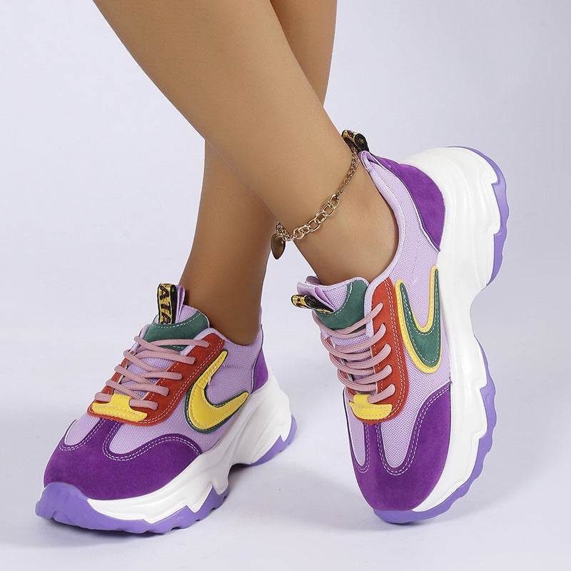 Mixed-color Lace -up Sneakers For Women Fashion Casual Lightweight Thick Bottom Running Sports Shoes - Mubimart