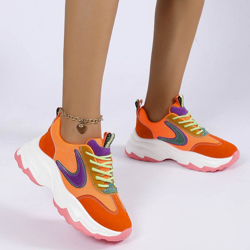 Mixed-color Lace -up Sneakers For Women Fashion Casual Lightweight Thick Bottom Running Sports Shoes - Mubimart