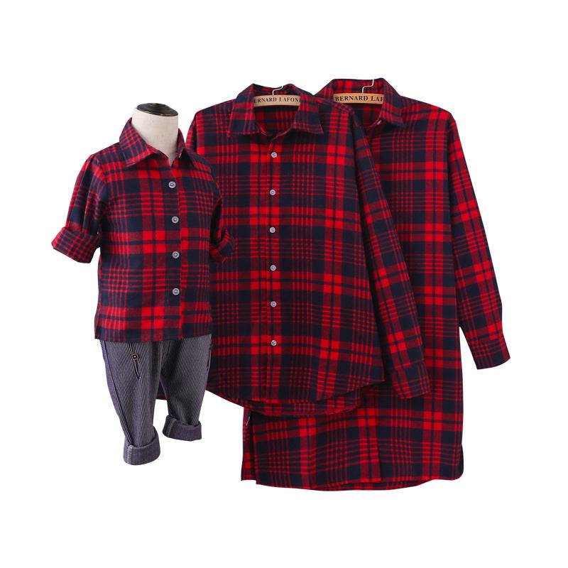 Mother and child red plaid shirt parent-child outfit - Mubimart