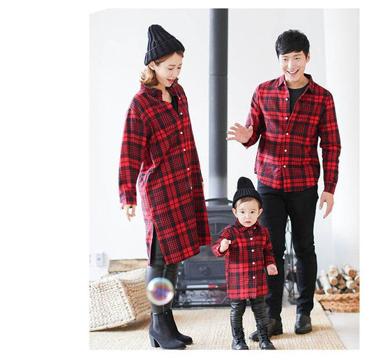 Mother and child red plaid shirt parent-child outfit - Mubimart