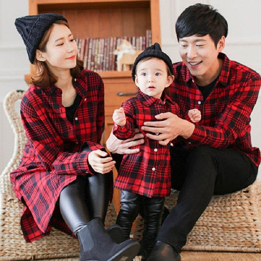 Mother and child red plaid shirt parent-child outfit - Mubimart