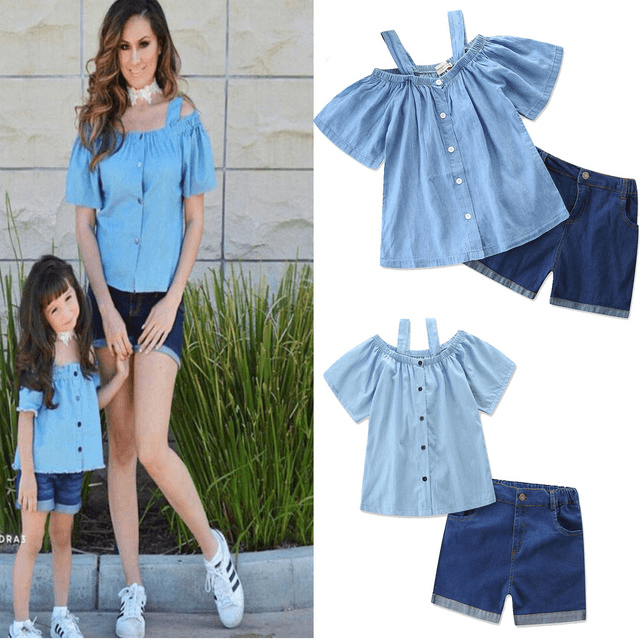 Mother-daughter cotton T-shirt + round skirt pants - Mubimart