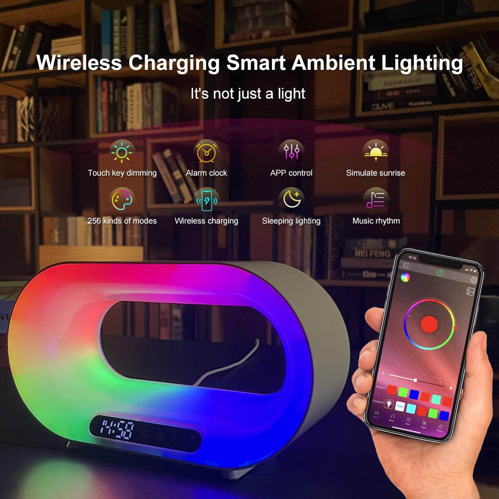 Multi-function 3 In 1 LED Night Light APP Control RGB Atmosphere Desk Lamp Smart Multifunctional Wireless Charger Alarm Clock - Mubimart
