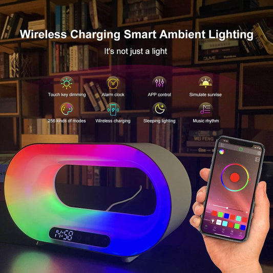 Multi-function 3 In 1 LED Night Light APP Control RGB Atmosphere Desk Lamp Smart Multifunctional Wireless Charger Alarm Clock - Mubimart