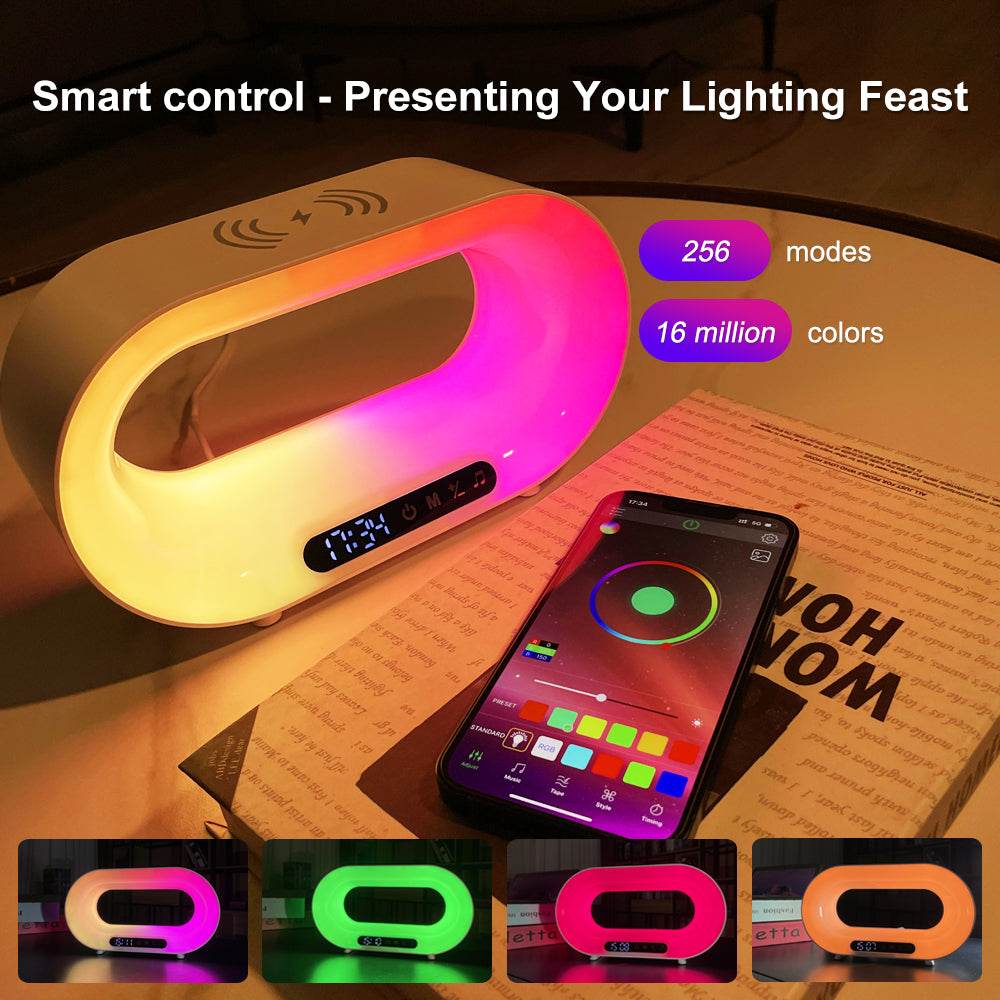 Multi-function 3 In 1 LED Night Light APP Control RGB Atmosphere Desk Lamp Smart Multifunctional Wireless Charger Alarm Clock - Mubimart