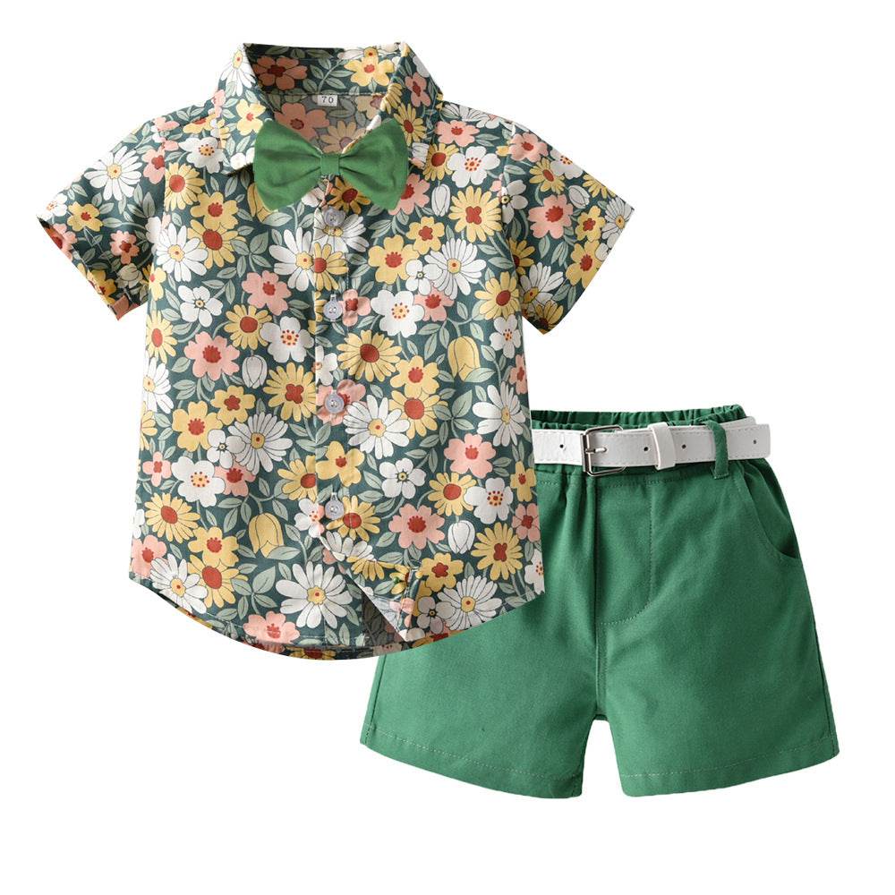 New Boy Summer Clothing Fashionable Dinosaur Short-sleeved Shirt Belt Shorts Two-piece Set - Mubimart
