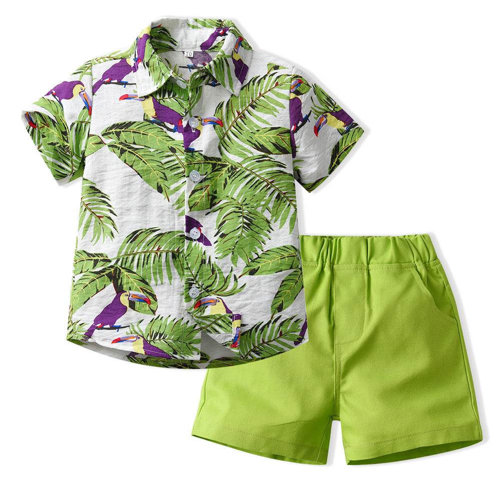 New Boy Summer Clothing Fashionable Dinosaur Short-sleeved Shirt Belt Shorts Two-piece Set - Mubimart