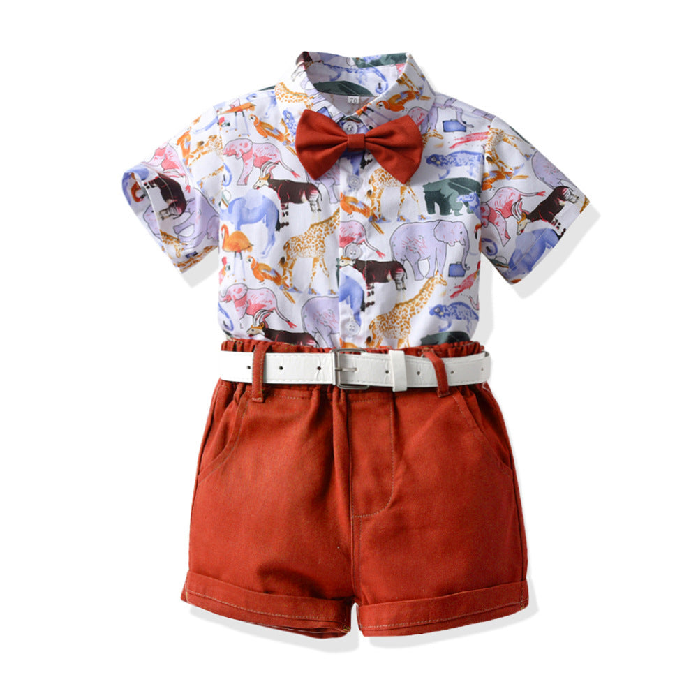 New Boy Summer Clothing Fashionable Dinosaur Short-sleeved Shirt Belt Shorts Two-piece Set - Mubimart - Baby Cloth 