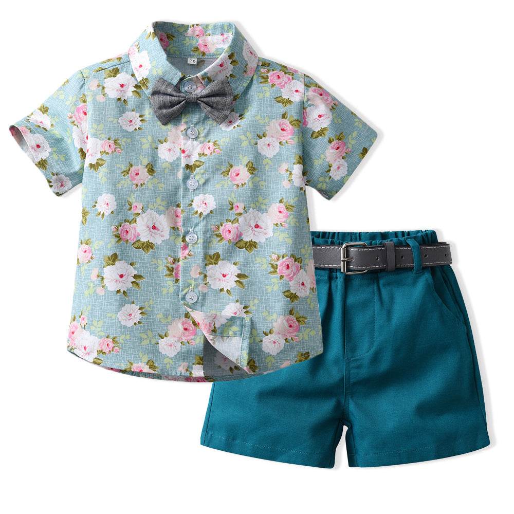 New Boy Summer Clothing Fashionable Dinosaur Short-sleeved Shirt Belt Shorts Two-piece Set - Mubimart