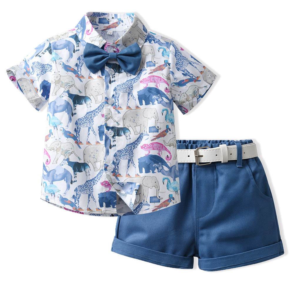 New Boy Summer Clothing Fashionable Dinosaur Short-sleeved Shirt Belt Shorts Two-piece Set - Mubimart