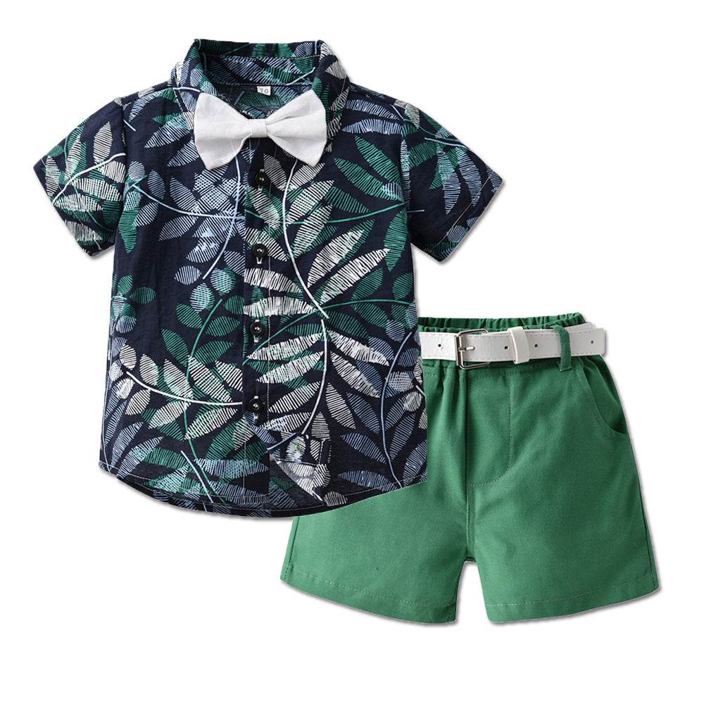 New Boy Summer Clothing Fashionable Dinosaur Short-sleeved Shirt Belt Shorts Two-piece Set - Mubimart