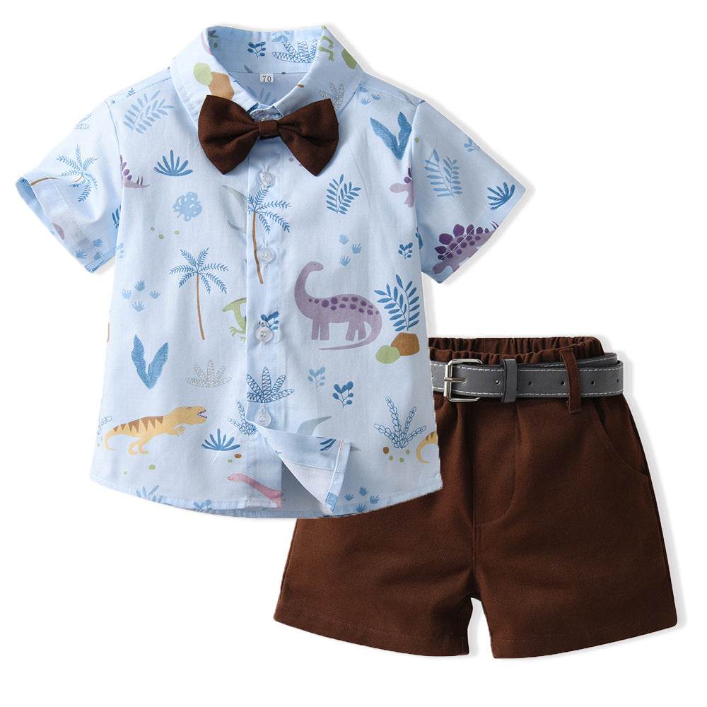 New Boy Summer Clothing Fashionable Dinosaur Short-sleeved Shirt Belt Shorts Two-piece Set - Mubimart