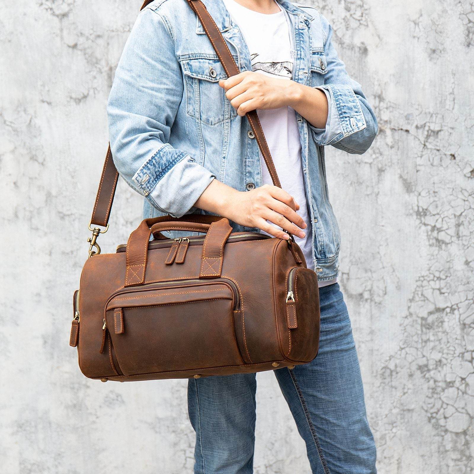 New Leather Handmade Retro Leather Men's Hand Luggage Bag Large Capacity - Mubimart