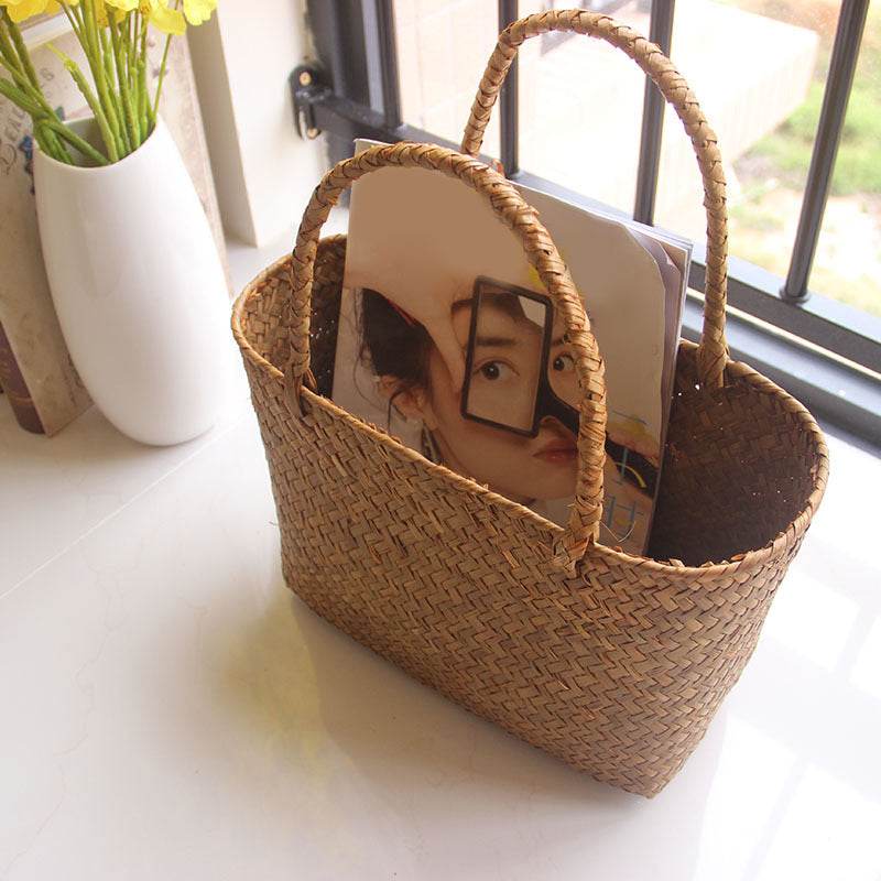 New Seagrass Woven Basket Floral Plant Tote - Mubimart