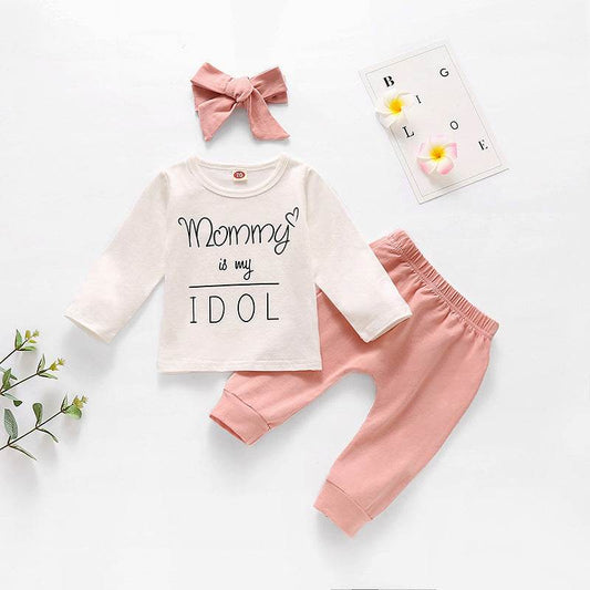 New Style White Jacket Pink Headband Pink Trousers Baby Girl Three-piece Set - Mubimart
