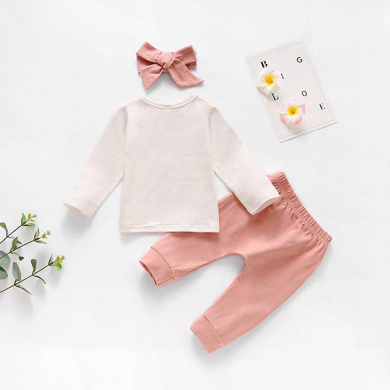 New Style White Jacket Pink Headband Pink Trousers Baby Girl Three-piece Set - Mubimart