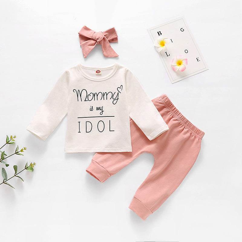 New Style White Jacket Pink Headband Pink Trousers Baby Girl Three-piece Set - Mubimart