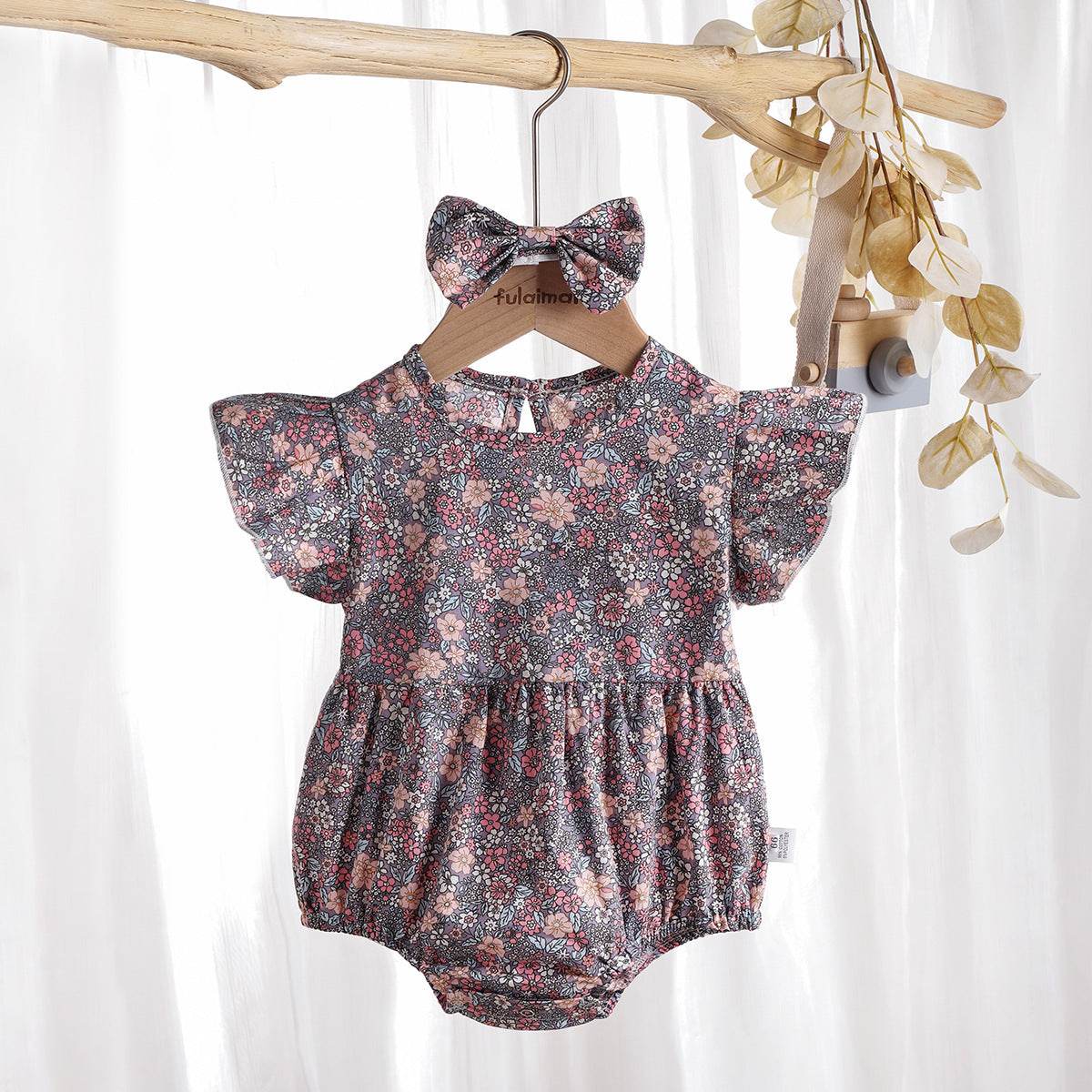 Newborn 0-3 Years Old Floral Flying Sleeve Sleeveless Triangle Crawl Baby Fart Clothes Triangle Crawl - Mubimart
