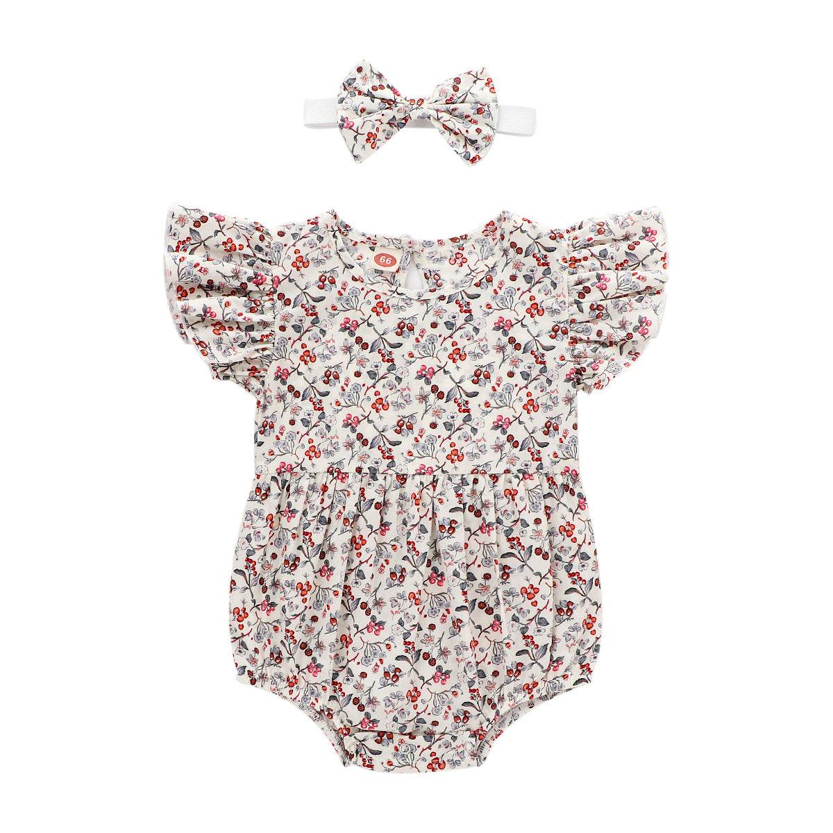 Newborn 0-3 Years Old Floral Flying Sleeve Sleeveless Triangle Crawl Baby Fart Clothes Triangle Crawl - Mubimart