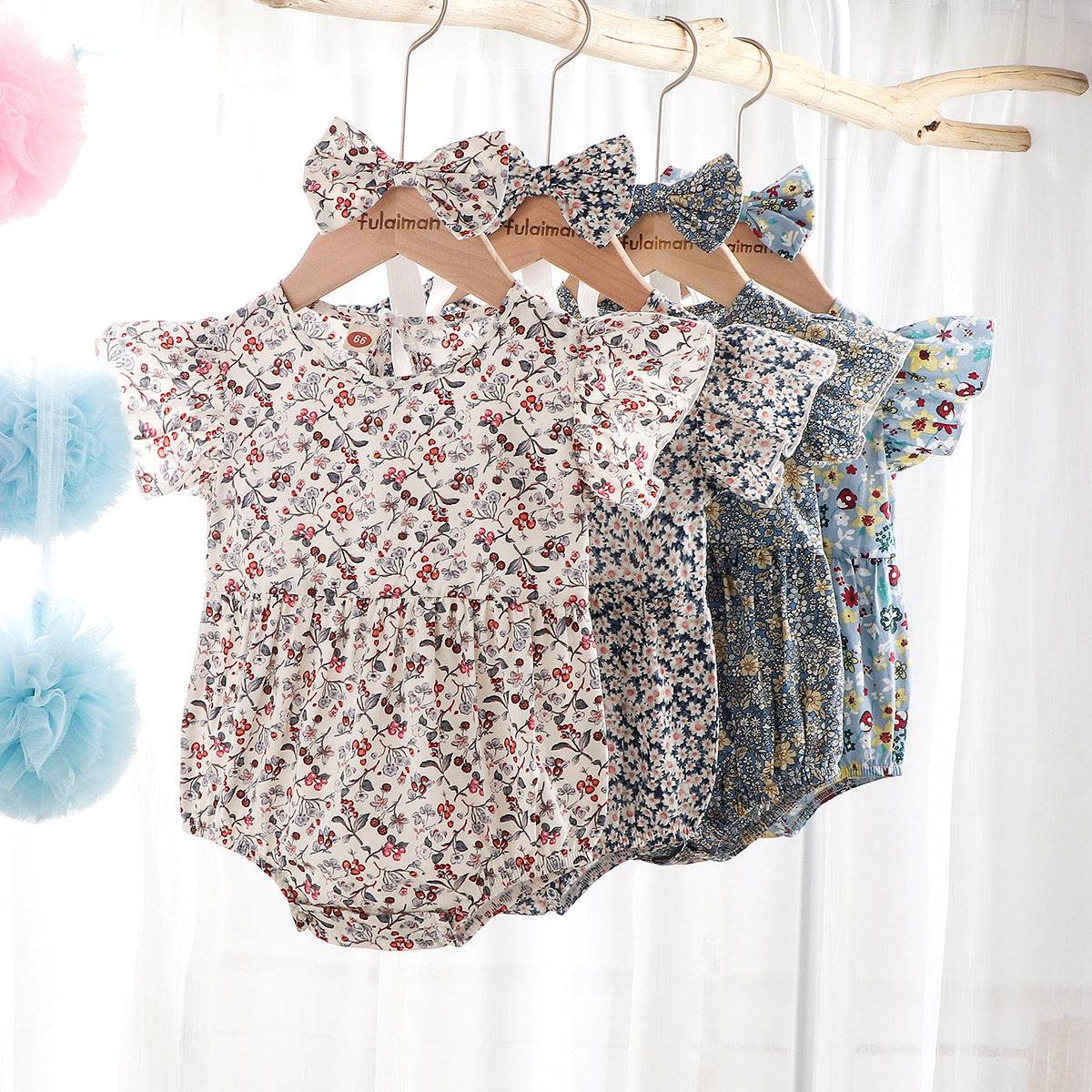 Newborn 0-3 Years Old Floral Flying Sleeve Sleeveless Triangle Crawl Baby Fart Clothes Triangle Crawl - Mubimart