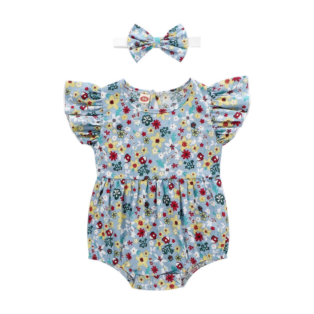 Newborn 0-3 Years Old Floral Flying Sleeve Sleeveless Triangle Crawl Baby Fart Clothes Triangle Crawl - Mubimart