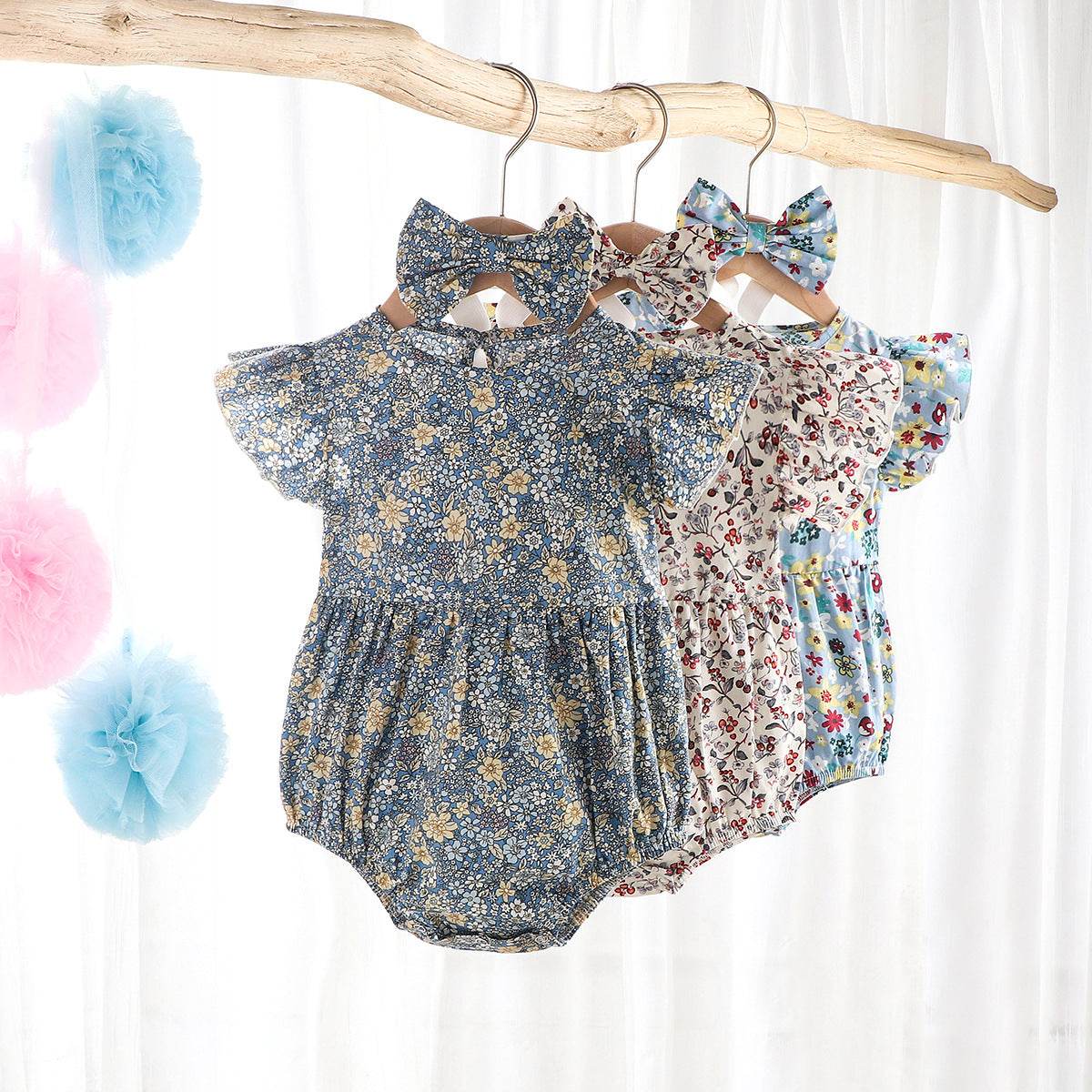 Newborn 0-3 Years Old Floral Flying Sleeve Sleeveless Triangle Crawl Baby Fart Clothes Triangle Crawl - Mubimart