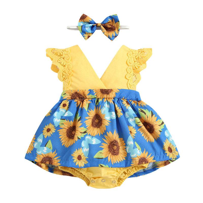 Newborn Baby Ruffled Sunflower Print Jumpsuit 2-Piece Headband Summer Dress 0-24 Months - Mubimart