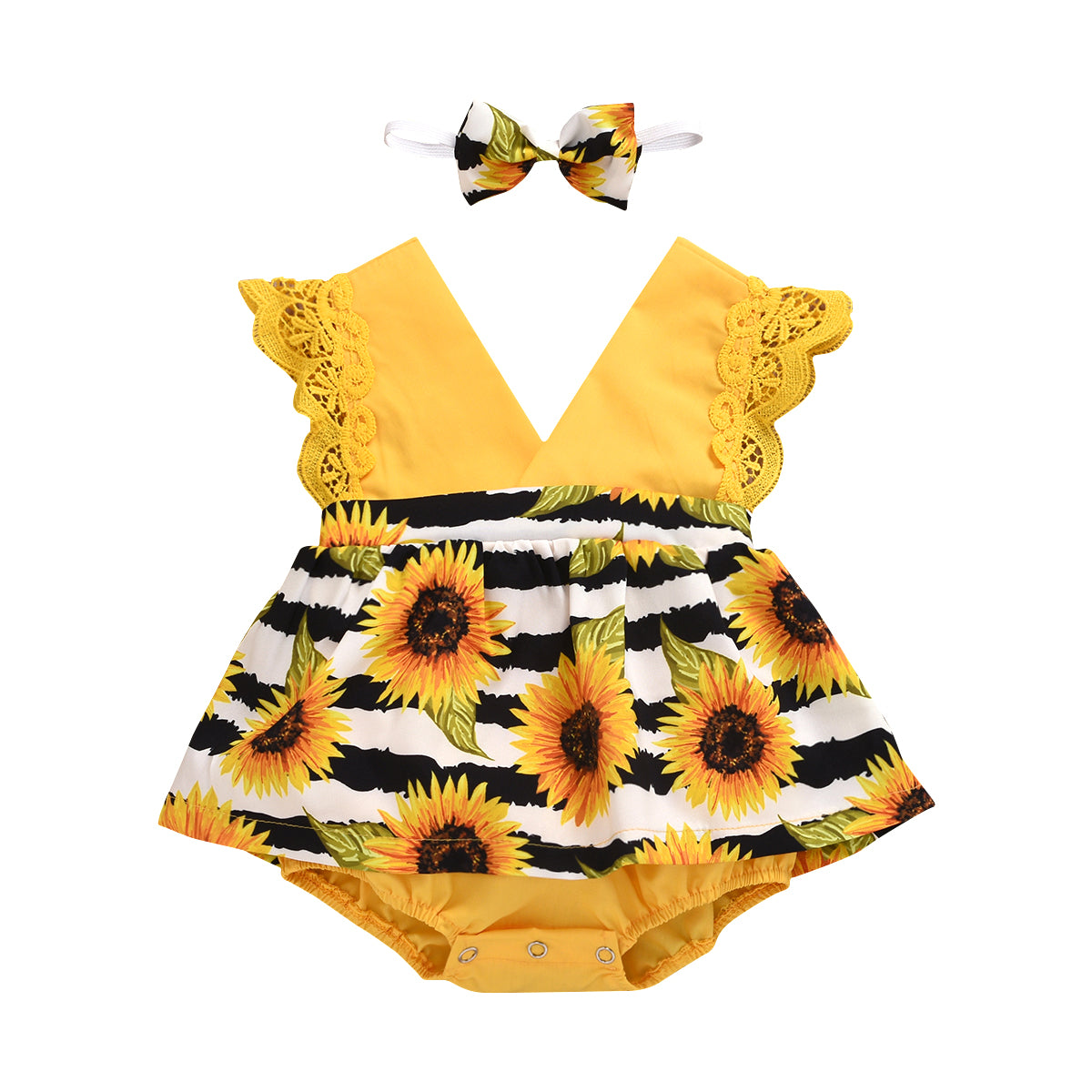 Newborn Baby Ruffled Sunflower Print Jumpsuit 2-Piece Headband Summer Dress 0-24 Months - Mubimart -  