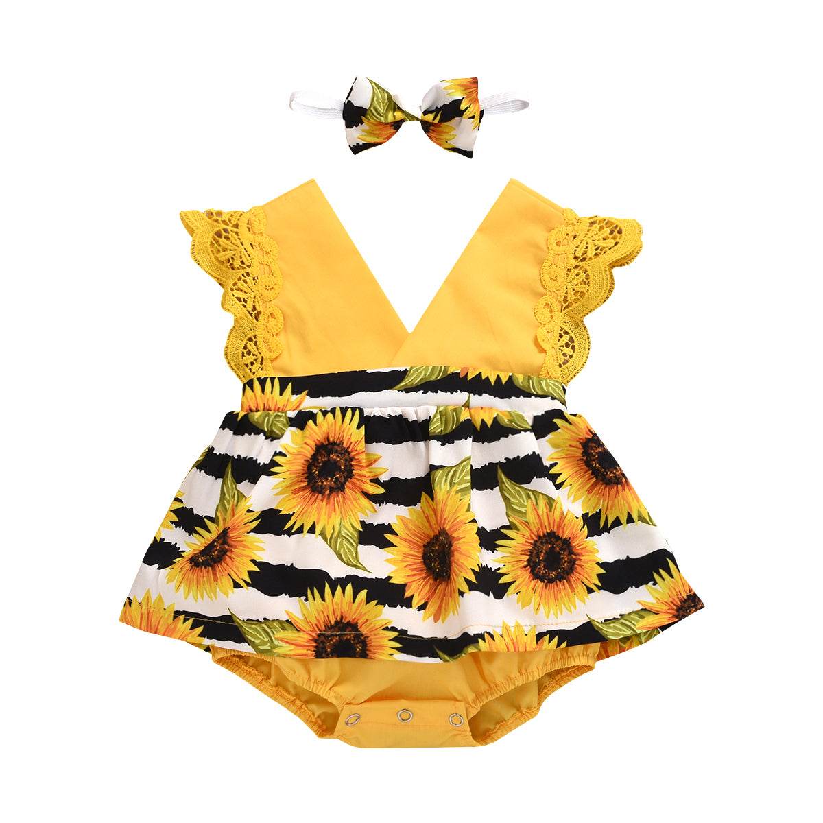 Newborn Baby Ruffled Sunflower Print Jumpsuit 2-Piece Headband Summer Dress 0-24 Months - Mubimart