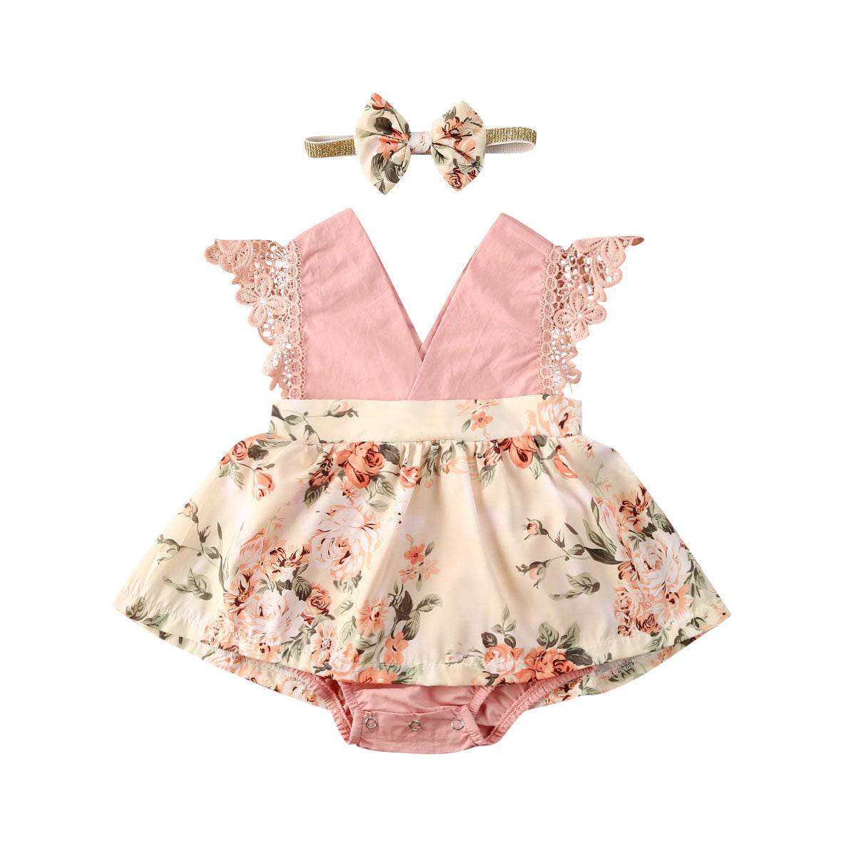 Newborn Baby Ruffled Sunflower Print Jumpsuit 2-Piece Headband Summer Dress 0-24 Months - Mubimart
