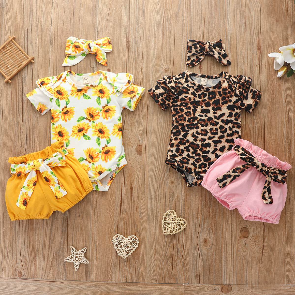 Newborn Set Baby Girl Print Short Sleeve Sunflower - Mubimart