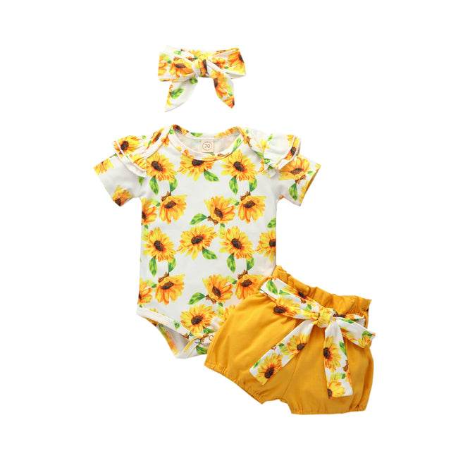 Newborn Set Baby Girl Print Short Sleeve Sunflower - Mubimart