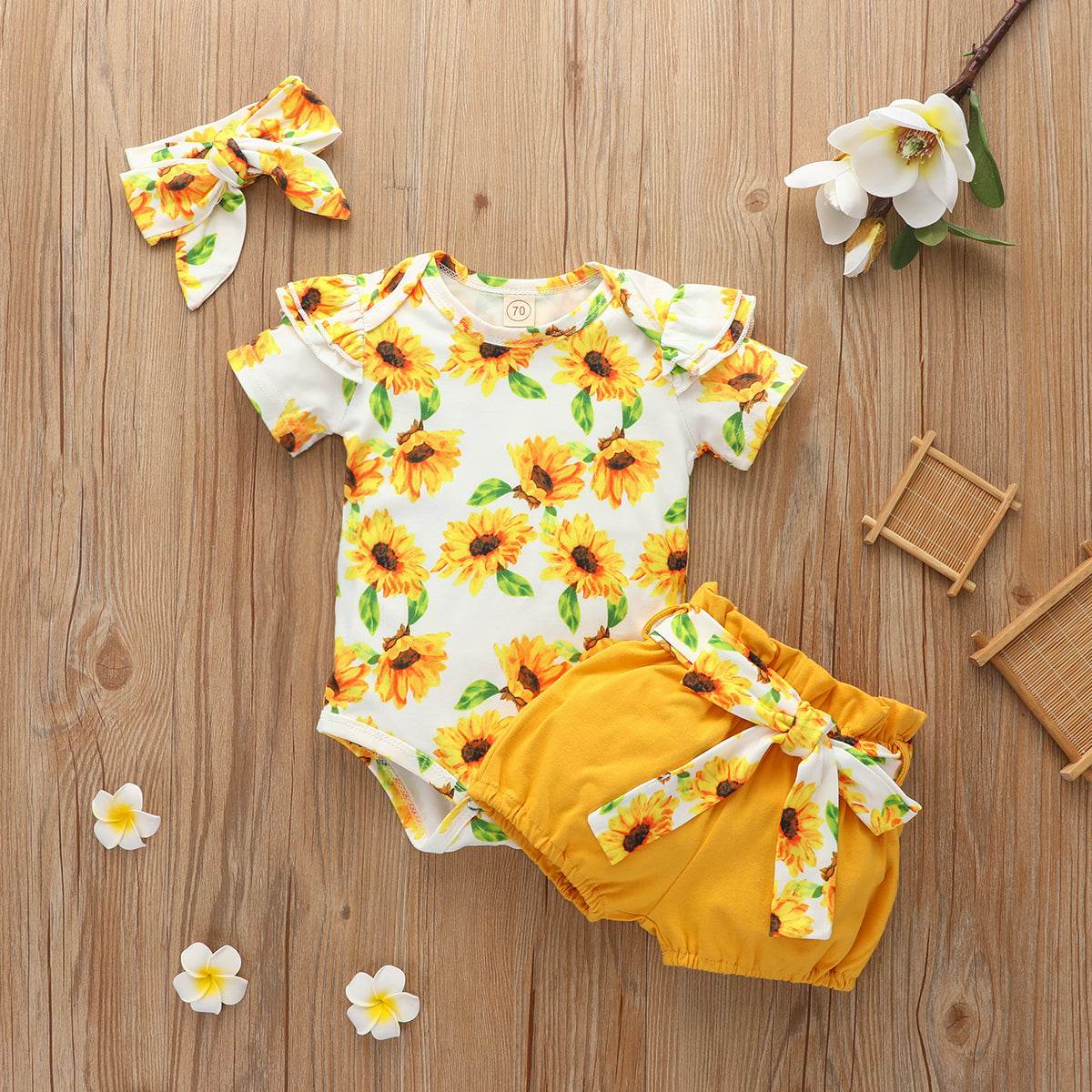 Newborn Set Baby Girl Print Short Sleeve Sunflower - Mubimart
