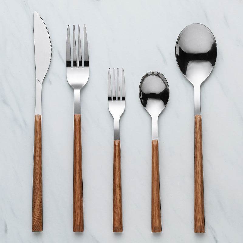 Nordic Household Steak Knife Fork Spoon Plate Stainless Steel Wooden Western Tableware Set - Mubimart