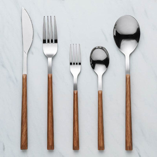 Nordic Household Steak Knife Fork Spoon Plate Stainless Steel Wooden Western Tableware Set - Mubimart