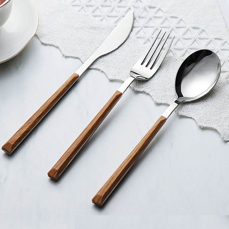 Nordic Household Steak Knife Fork Spoon Plate Stainless Steel Wooden Western Tableware Set - Mubimart