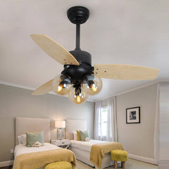 Nordic Industrial Wind Magic Bean Glass Ceiling Fan Light Wood Leaf Black Fan Lamp - Mubimart -  