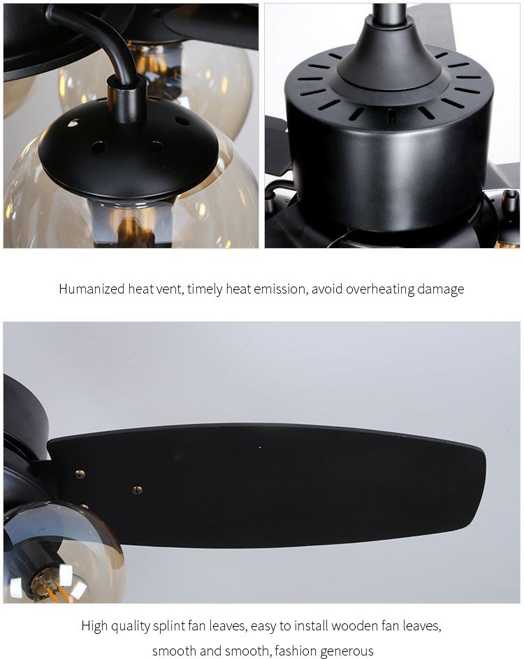 Nordic Industrial Wind Magic Bean Glass Ceiling Fan Light Wood Leaf Black Fan Lamp - Mubimart -  