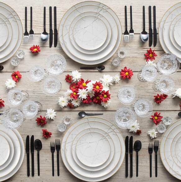 Nordic Minimalist Gold Edge Bone China Dinner Plate White Marble Pattern - Mubimart