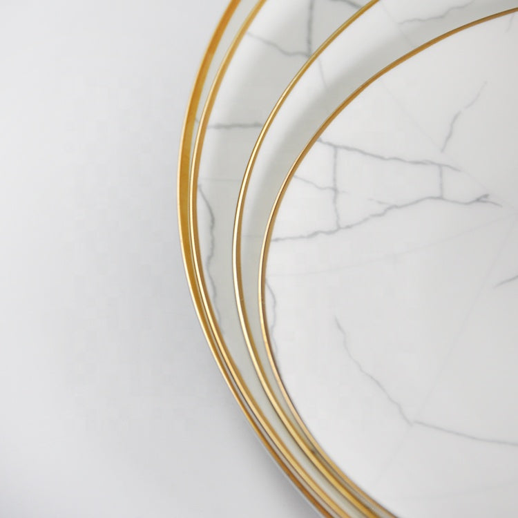 Nordic Minimalist Gold Edge Bone China Dinner Plate White Marble Pattern - Mubimart -  