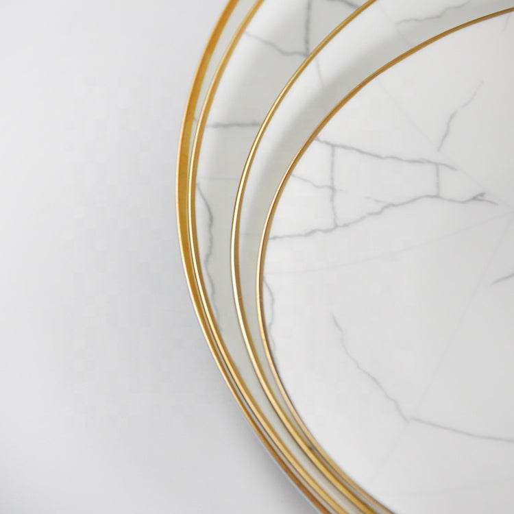 Nordic Minimalist Gold Edge Bone China Dinner Plate White Marble Pattern - Mubimart