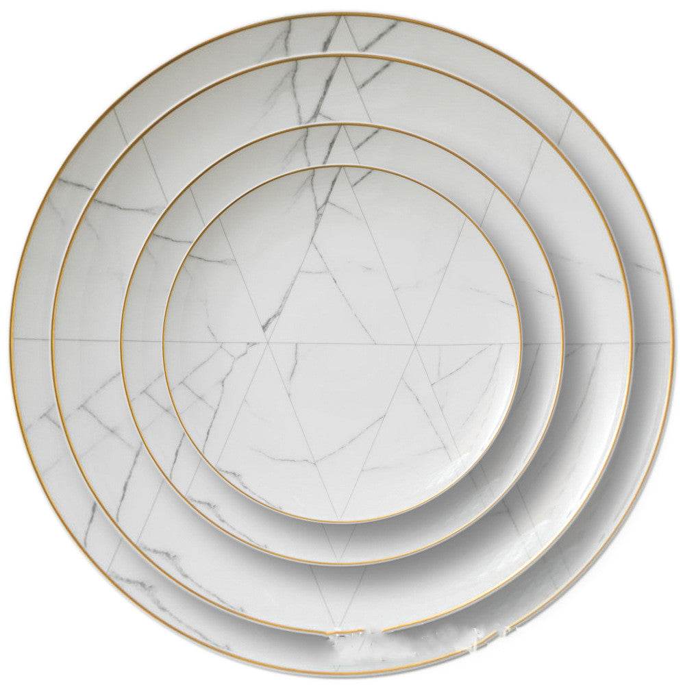 Nordic Minimalist Gold Edge Bone China Dinner Plate White Marble Pattern - Mubimart