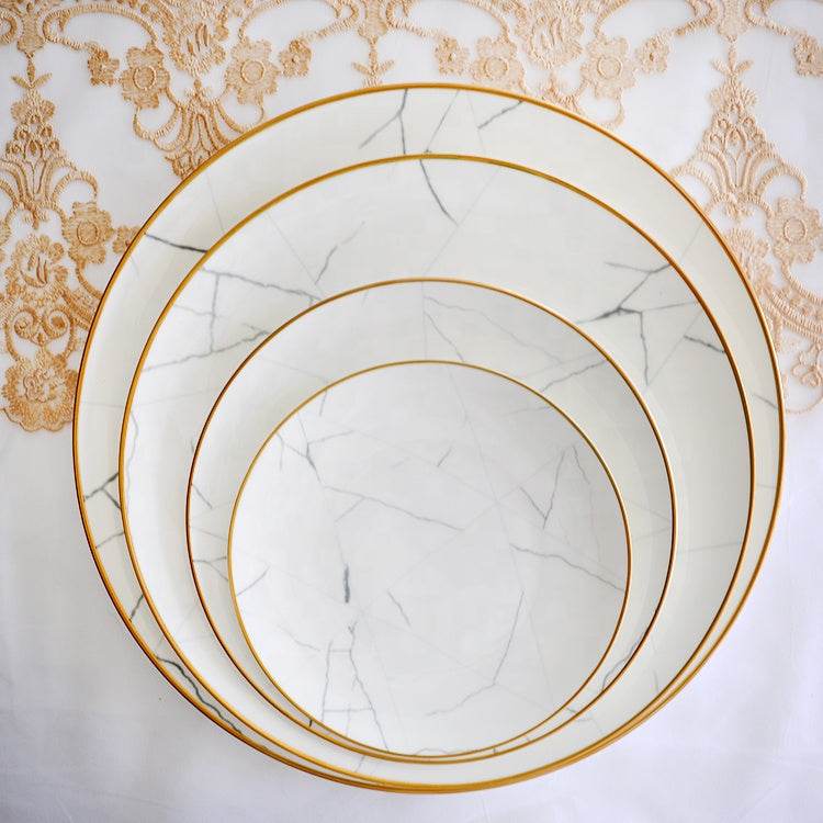 Nordic Minimalist Gold Edge Bone China Dinner Plate White Marble Pattern - Mubimart