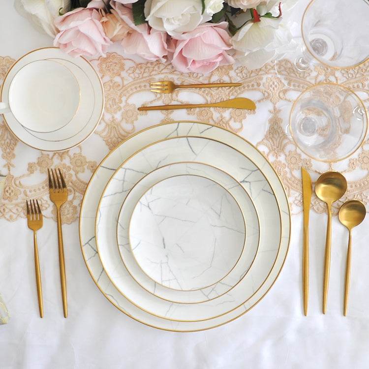 Nordic Minimalist Gold Edge Bone China Dinner Plate White Marble Pattern - Mubimart